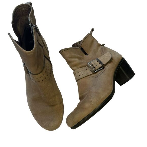 Ecco tan Suede Leather Zip Slip On Buckle Strap Detail Heeled Ankle Boots size 7 - Picture 1 of 7